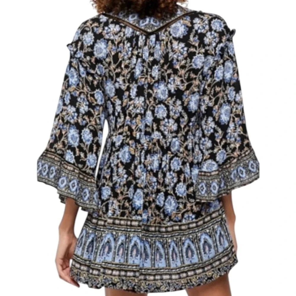 Free People Moonlight Dance‎ Floral Bell Sleeve Boho Tunic Top Blue Size Small